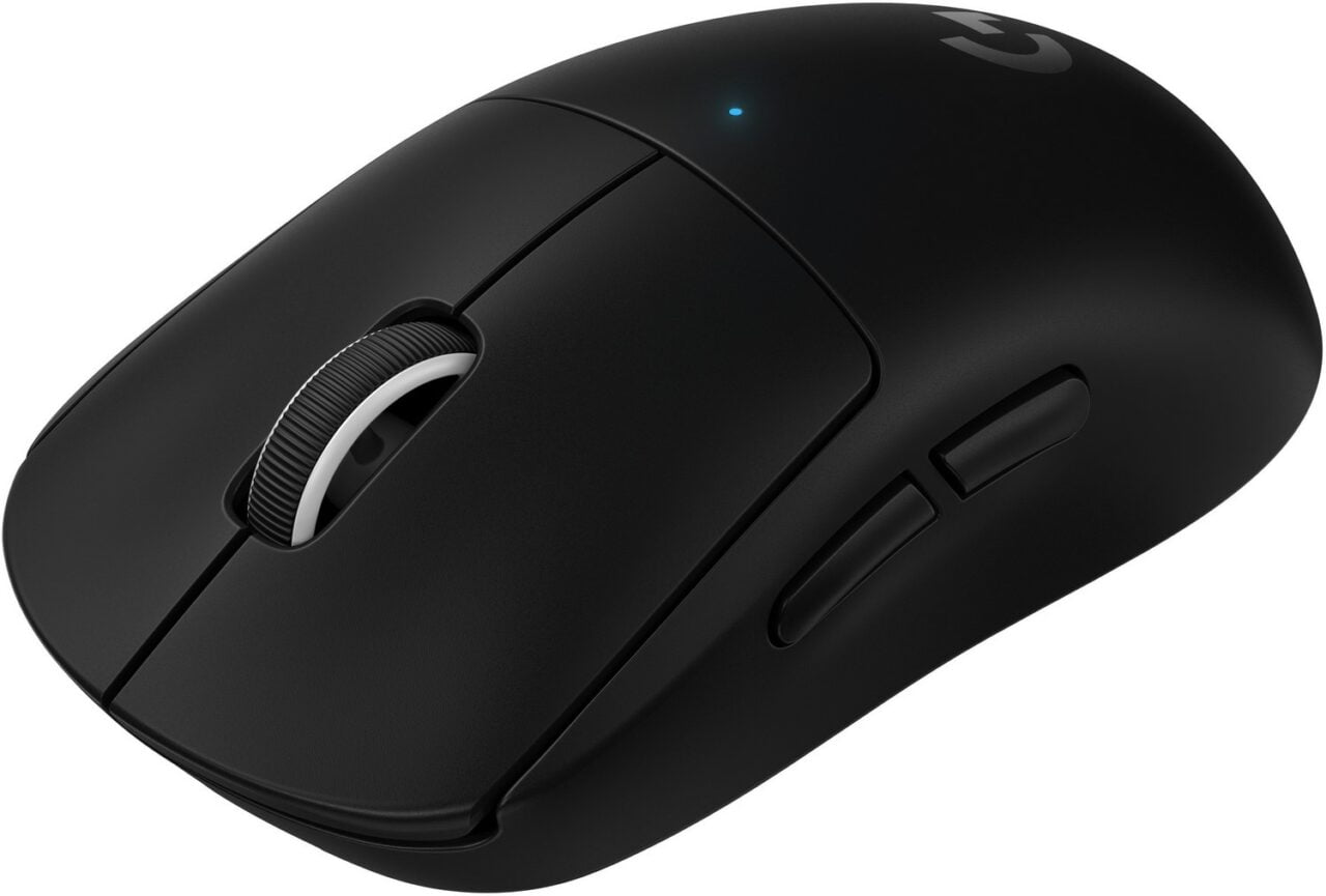 Czarna bezprzewodowa mysz komputerowa z kółkiem przewijania i dwoma przyciskami bocznymi.