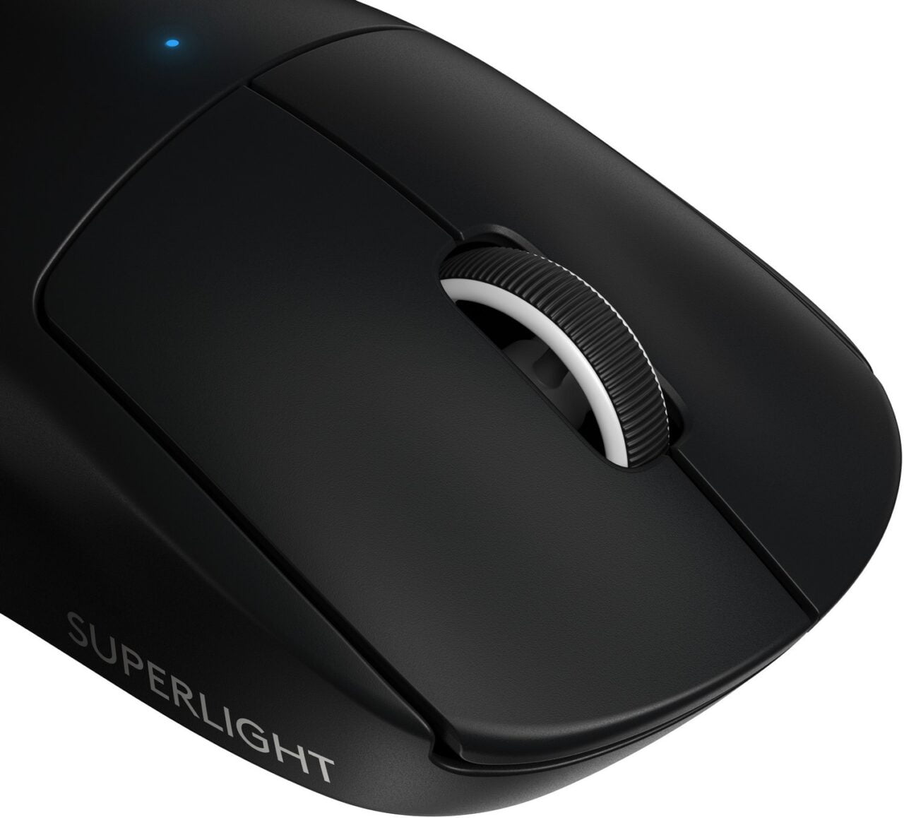 Czarna, bezprzewodowa mysz komputerowa z pokrętłem przewijania i niebieską diodą LED, z napisem "SUPERLIGHT" po lewej stronie.
