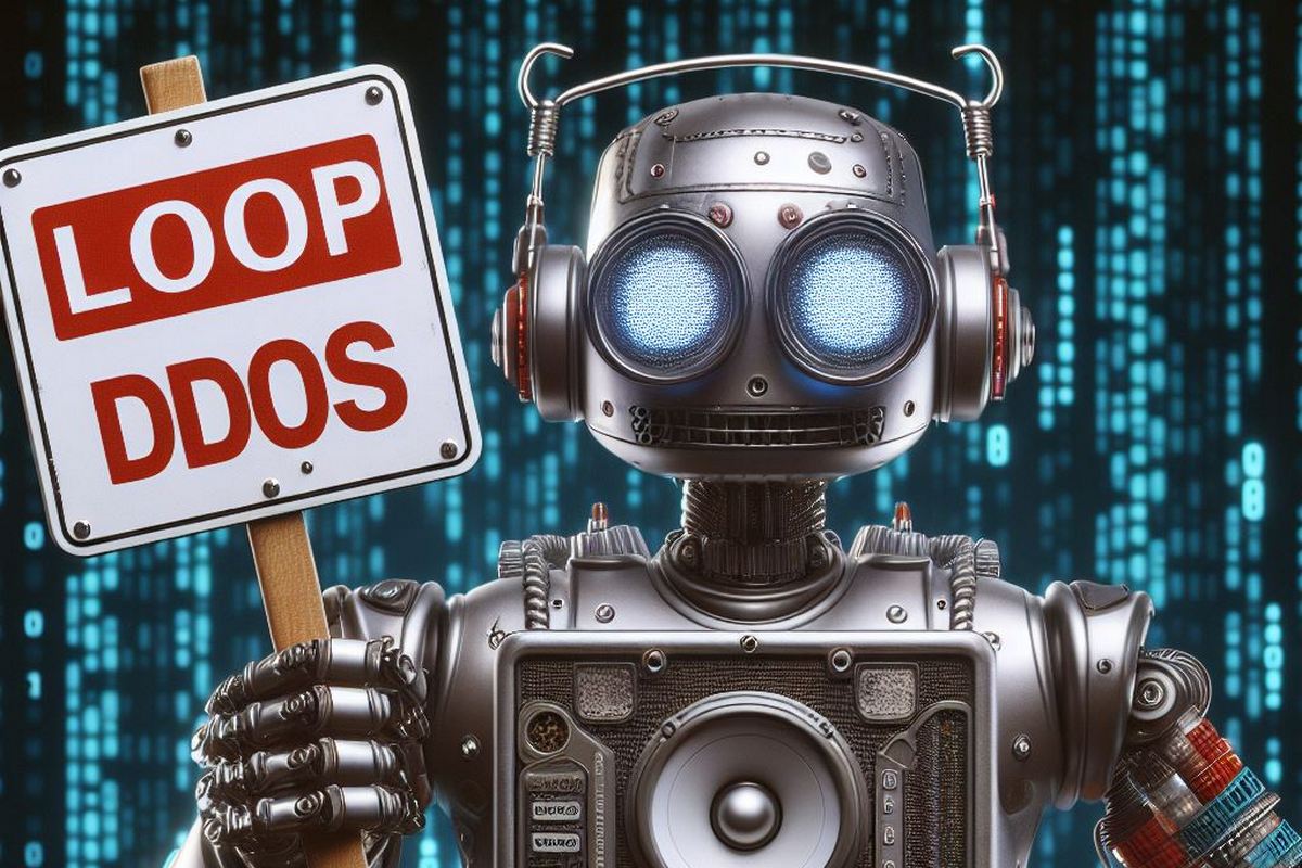 Robot trzymający tabliczkę z napisem "LOOP DDOS" na tle cyfrowego kodu binarnego.