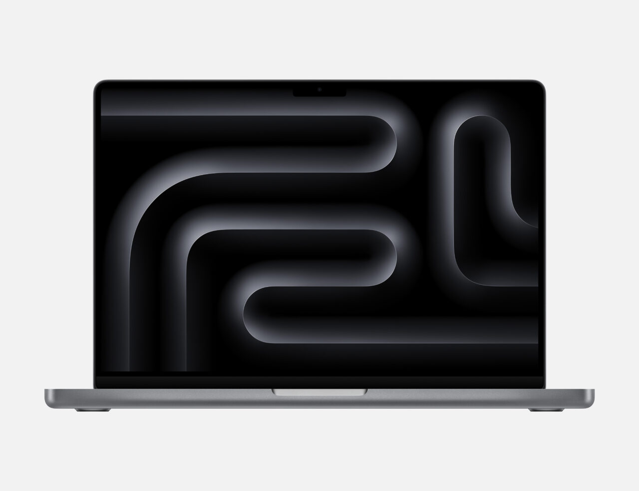 Laptop z ekranem wyświetlającym abstrakcyjny, ciemny, trójwymiarowy wzór z zaokrąglonymi kształtami na białym tle.
