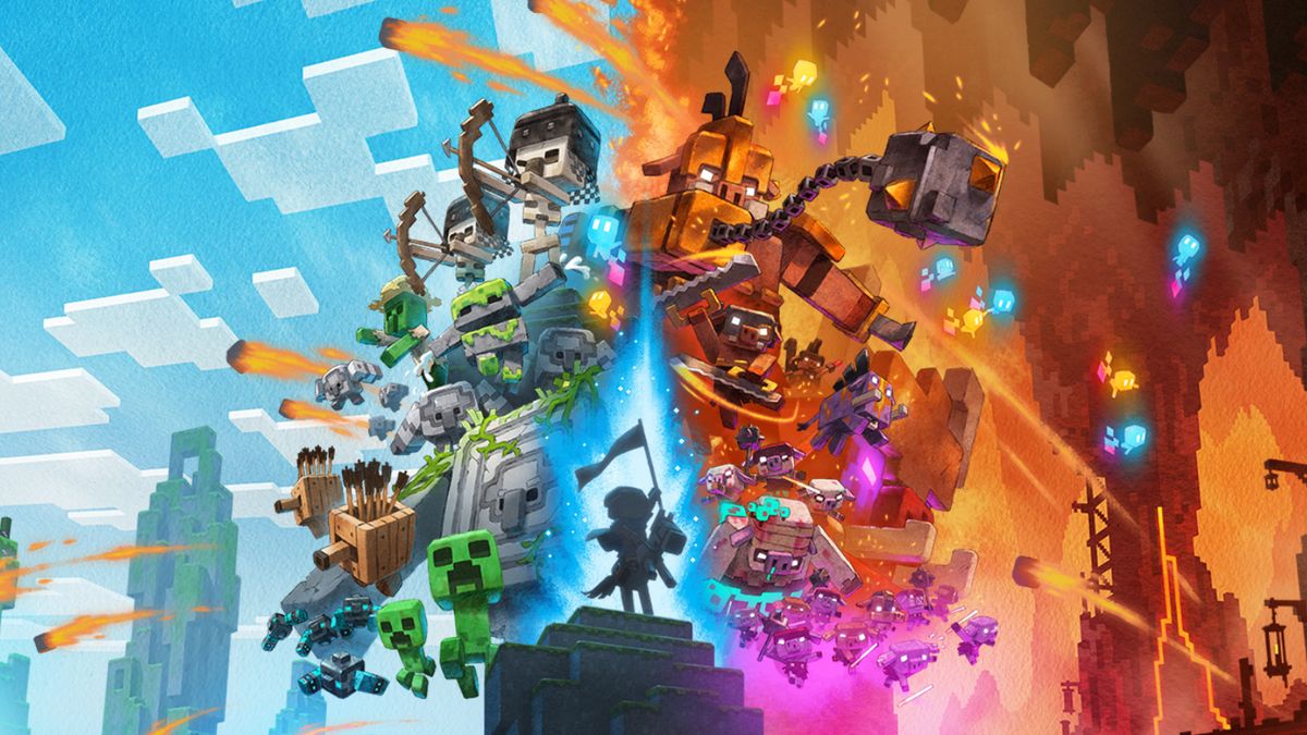 Ilustracja przedstawiająca dynamiczną scenę z gry w stylu voxel, gdzie elementy przypominające postacie i konstrukcje z gry LEGO walczą w dwóch odrębnych światach - jednym zielonym i niebieskim, a drugim w odcieniach czerwieni i pomarańczy. Na obrazie dominują motywy eksplozji i lotu. Gra Minecraft Legends będzie dostępna w PlayStation Plus