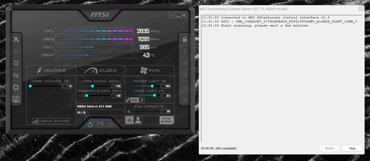 Zrzut ekranu interfejsu oprogramowania do podkręcania GPU firmy MSI z włączonym skanerem podkręcania i wyświetlonymi statystykami, takimi jak częstotliwość GPU, pamięci, napięcie i temperatura.