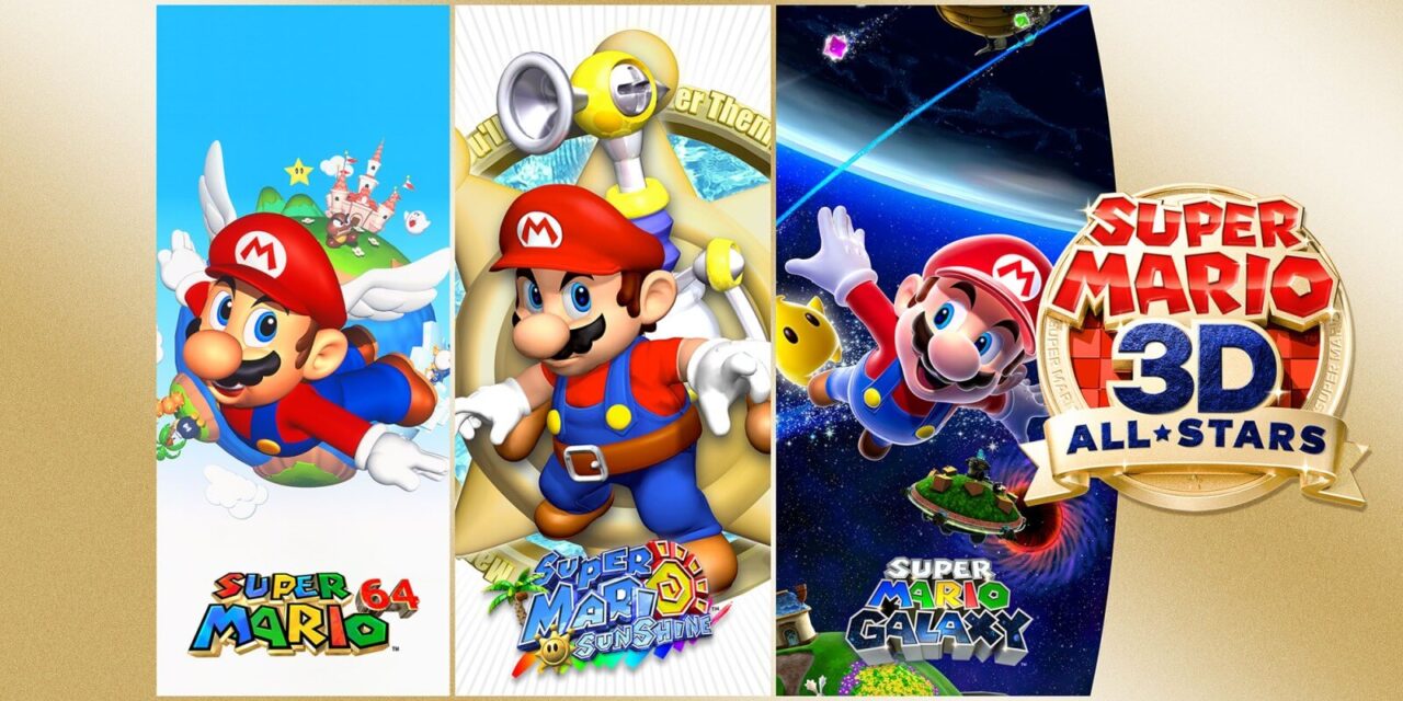 Grafika promocyjna do gry "Super Mario 3D All-Stars" z postaciami Mario w trzech różnych sceneriach z gier "Super Mario 64", "Super Mario Sunshine" i "Super Mario Galaxy".