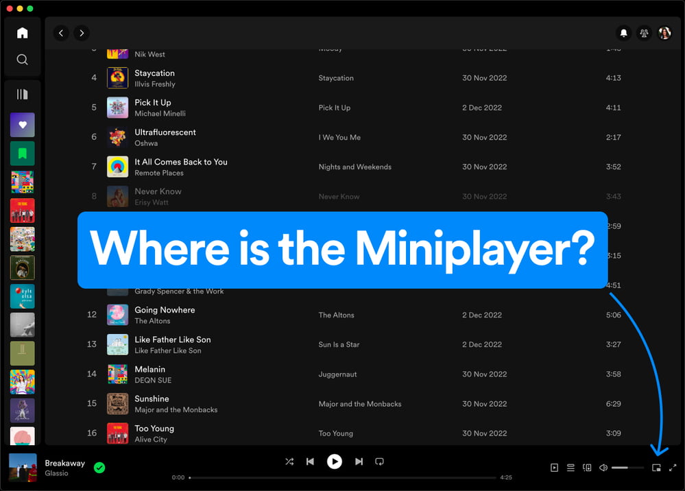 Uma captura de tela da interface do aplicativo de streaming de música com o erro e a pergunta em destaque 'Onde está o miniplayer?' em grandes letras azuis.