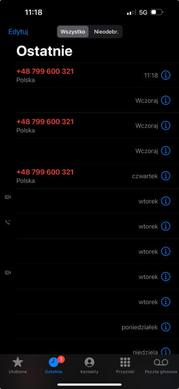 Ekran działań połączeń telefonicznych w ciemnym trybie interfejsu, pokazujący kilku ostatnich połączeń od tego samego numeru 799600321 telefonu z Polski o różnych dniach tygodnia.