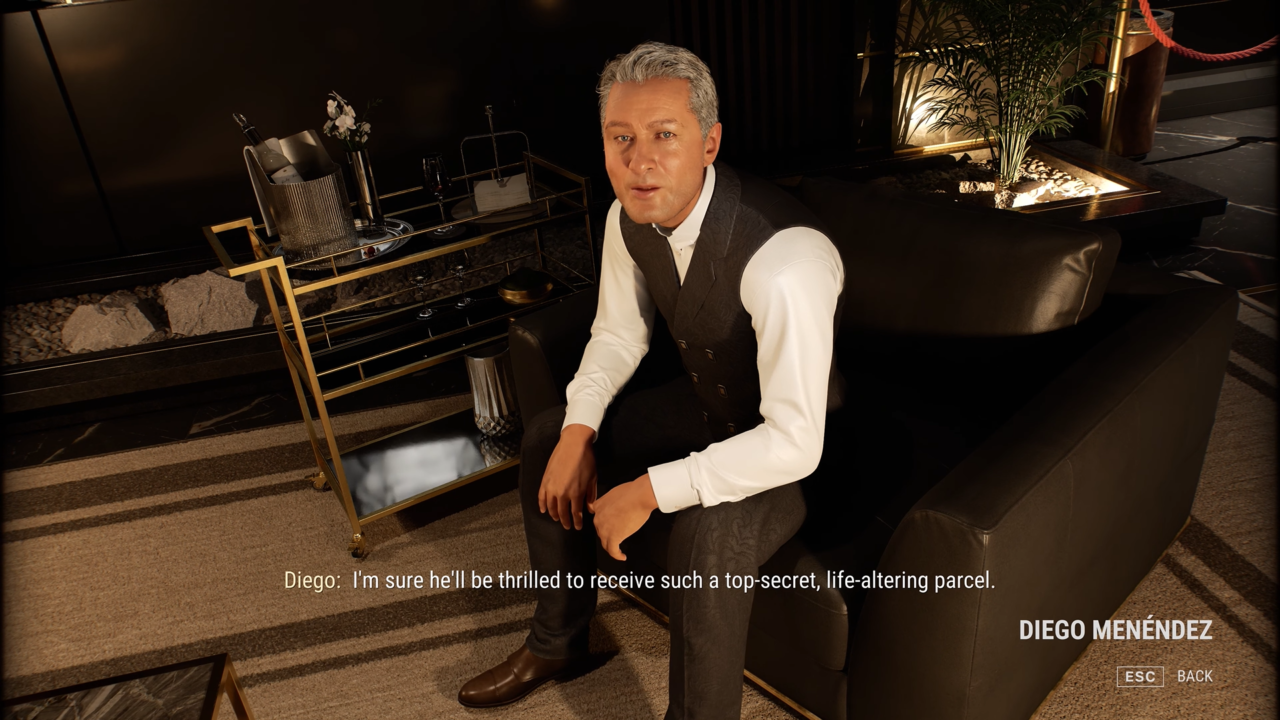 Starszy mężczyzna wygenerowany przez NVIDIA ACE w eleganckim, formalnym ubiorze siedzi na kancie ciemnego fotela w dobrze oświetlonym pomieszczeniu z elementami luksusowego wystroju, takimi jak nowoczesne lampy i dekoracje. Na ekranie pojawia się tekst dialogowy w grze komputerowej.