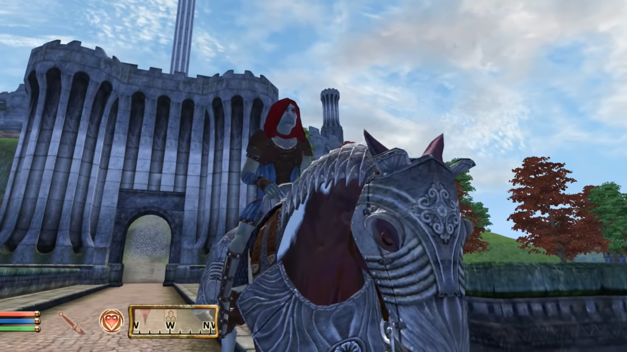 Obraz z gry wideo przedstawiający postać na zbrojnym koniu przed bramą zamkową, z paskiem stanu gry w dolnej części ekranu.
