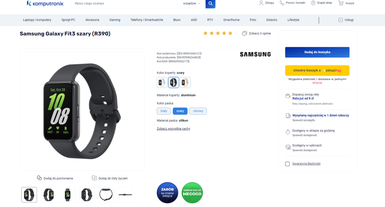 tani smartwatch. Strona internetowa sklepu Komputronik z widocznym inteligentnym zegarkiem Samsung Galaxy Fit3 w kolorze szarym, wraz z opcjami wyboru funkcji i przyciskiem "Dodaj do koszyka".