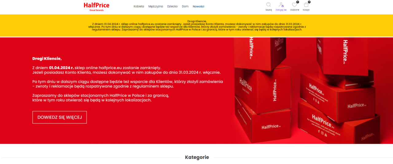 Strona główna sklepu internetowego HalfPrice z czerwonym tłem i grafiką ułożonych na sobie czerwonych pudełek z logo firmy.
