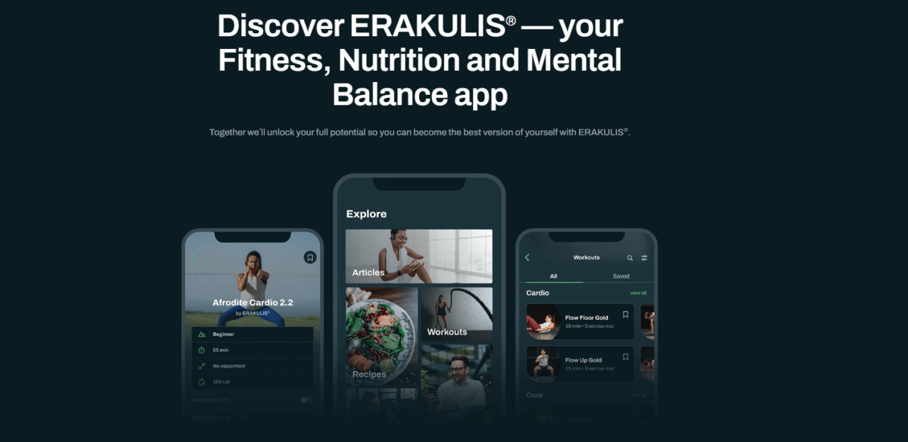 Strona promocyjna aplikacji ERAKULIS® z hasłem „Discover ERAKULIS® — your Fitness, Nutrition and Mental Balance app”, z widocznymi zrzutami ekranu z aplikacji prezentującymi funkcje treningowe, artykuły oraz przepisy.