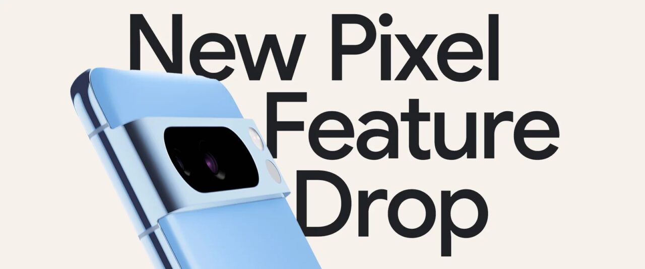 Aktualizacja z funkcją Circle to Search dla urządzeń Google Pixel. Część niebieskiego smartfona z aparatem na tle z tekstem "New Pixel Feature Drop". 