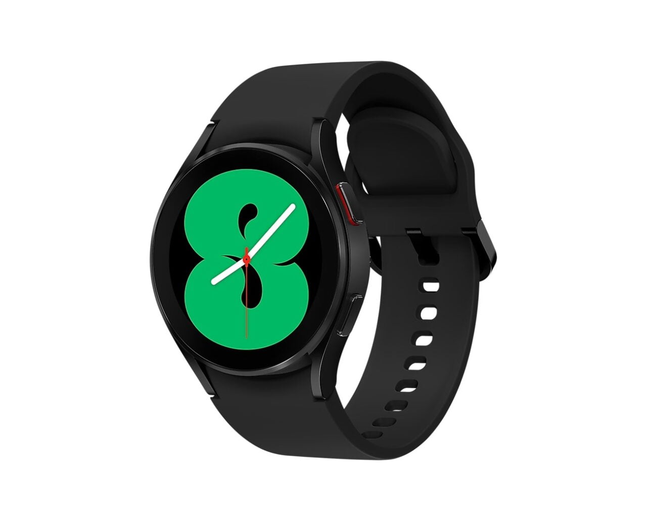 Czarny inteligentny zegarek na białym tle, z ekranem wyświetlającym grafikę zielonego jabłka i tradycyjne wskazówki zegara.