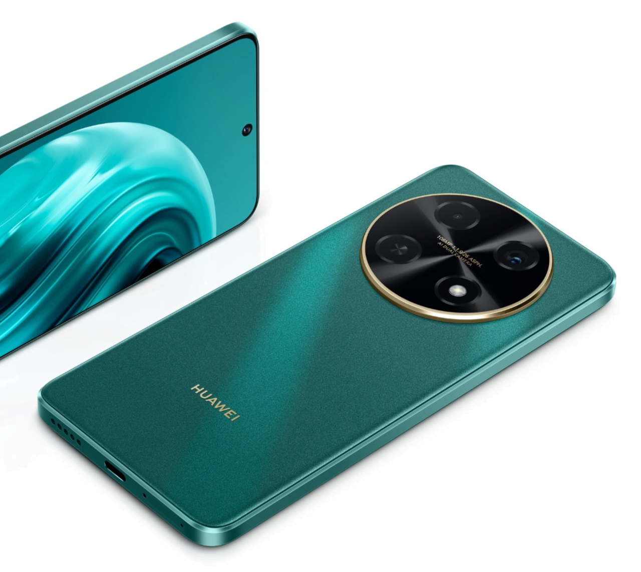 Zielony smartfon Huawei z modułem czterech aparatów fotograficznych umieszczonych w czarnej, okrągłej wyspie z złotą obramówką, leżący obok przedniej części innego smartfona tego samego koloru.