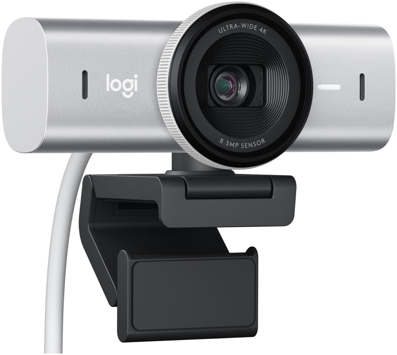 Kamera internetowa marki Logitech z szerokokątnym obiektywem 4K i sensorem 8.5MP, umocowana na klipsie do monitora.