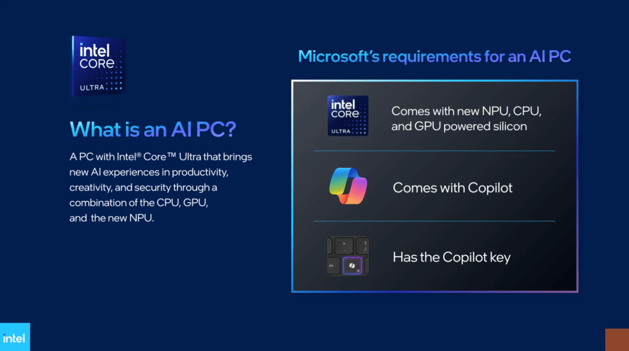Zdjęcie ekranu prezentujące cechy komputera AI PC z procesorem Intel Core Ultra: nowe doświadczenia AI, integracja CPU, GPU i NPU, oraz wymagania Microsoft dla AI PC z nowym krzemem, Copilotem i klawiszem Copilot.