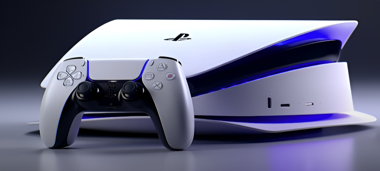 Konsola do gier PlayStation 5 Pro z jednym kontrolerem na neutralnym tle z akcentami niebieskiego światła.