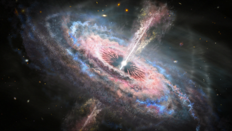 Artystyczne przedstawienie aktywnej galaktyki z jaśniejącym jądrem i strumieniami materiału wyrzucanego z polów magnetycznych, otoczonych przez kosmiczny pył i gwiazdy na tle ciemnej przestrzeni.