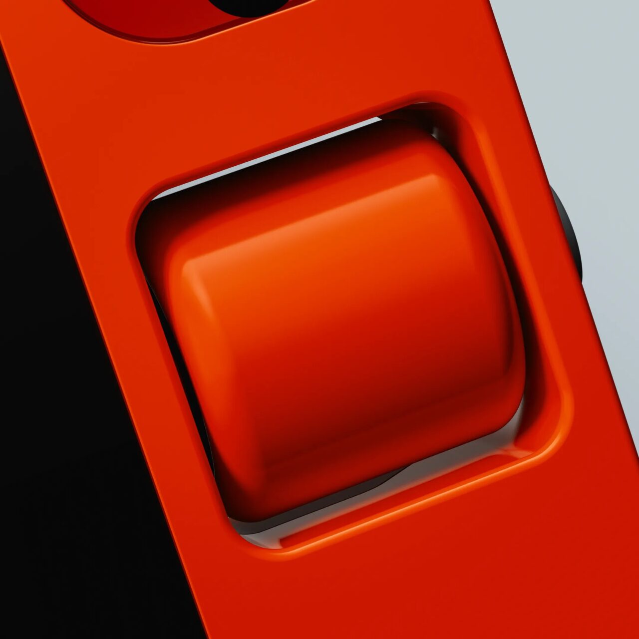 Pomarańczowy abstrakcyjny obiekt 3D z błyszczącymi krawędziami na dwukolorowym tle.