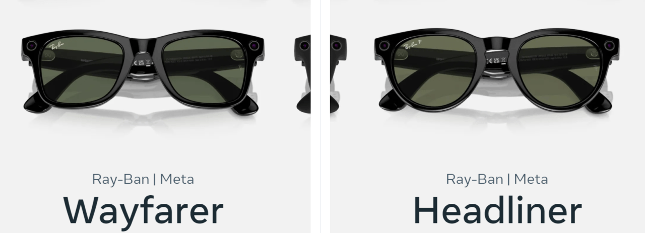 Dwa modele okularów przeciwsłonecznych marki Ray-Ban w kolorze czarnym z ciemnymi soczewkami i małymi, okrągłymi elementami technologicznymi na zausznikach, przedstawione na białym tle. Po lewej stronie model Wayfarer, a po prawej model Headliner.