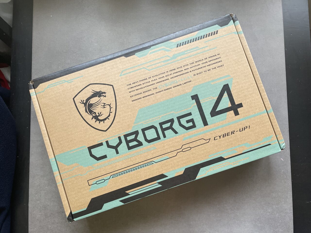 Kartonowe pudełko z napisem "CYBORG 14" i grafiką futurystycznego smoka w herbie oraz hasłem "CYBER-UP!".