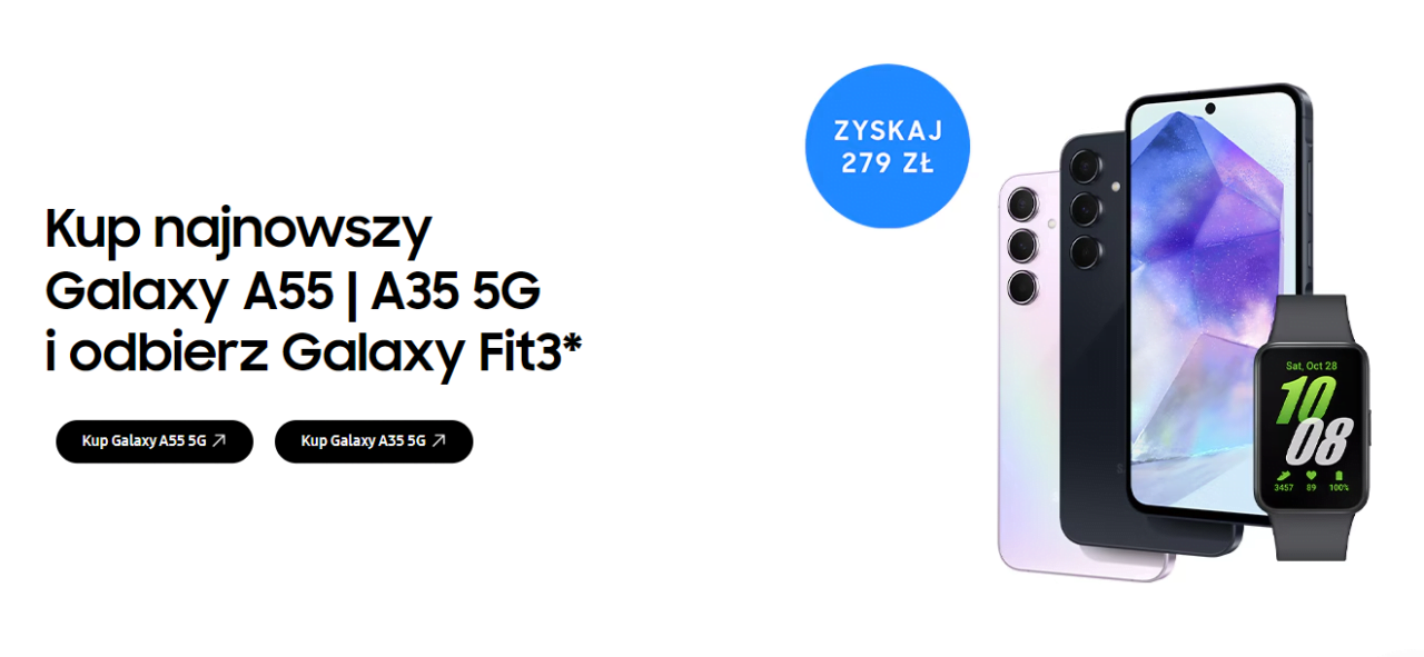Grafika promocyjna smartfonów Galaxy A55 i A35 5G oraz zegarka Galaxy Fit3 z informacją o promocji i ceną 279 zł.