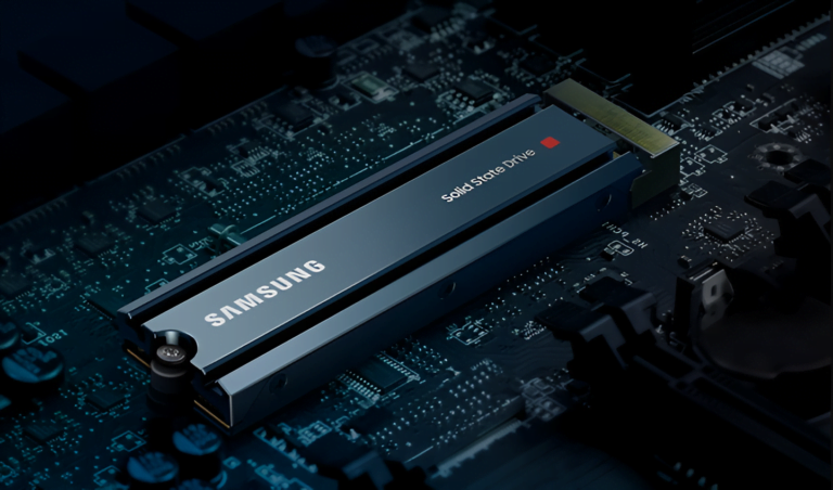 Dysk SSD marki Samsung 980 Pro zamontowany na płycie głównej komputera.