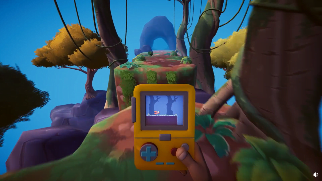 Osoba trzyma przenośną konsolę do gier na tle wirtualnego krajobrazu z drzewami i skałami. Zrzut ekranu z gry Screenbound