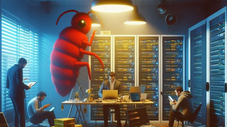 Gigantyczny czerwony owad stoi w środku serwerowni, w której trzech mężczyzn pracuje na laptopach i tabletach.