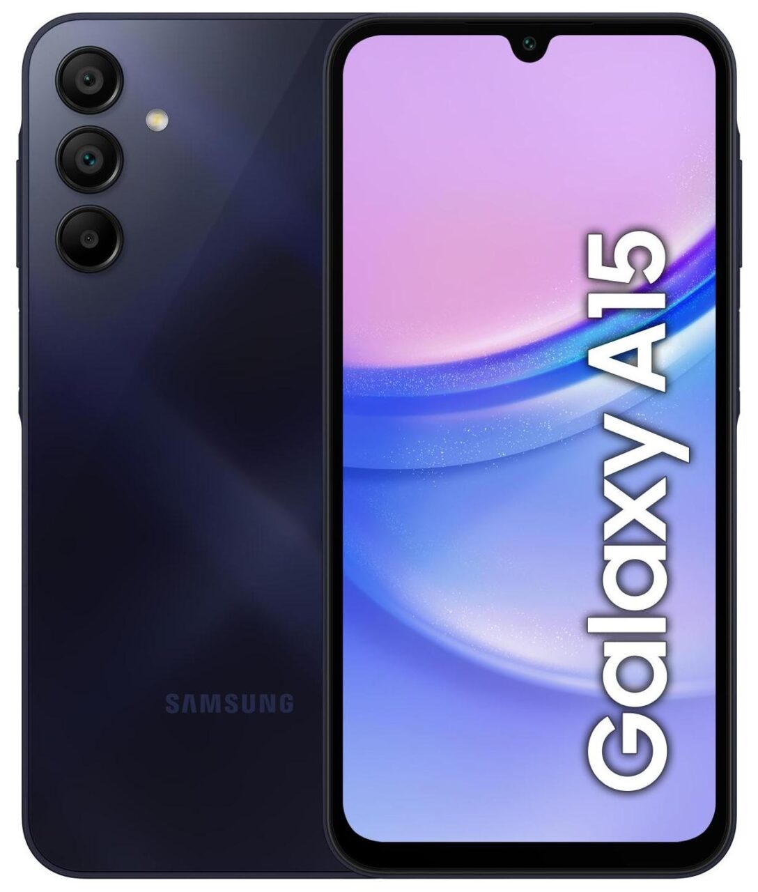 Samsung Galaxy A15 w kolorze czarnym z potrójnym aparatem tylnej kamery i wyświetlaczem z wycięciem na przednią kamerę, prezentującym gradient od różowego do niebieskiego.