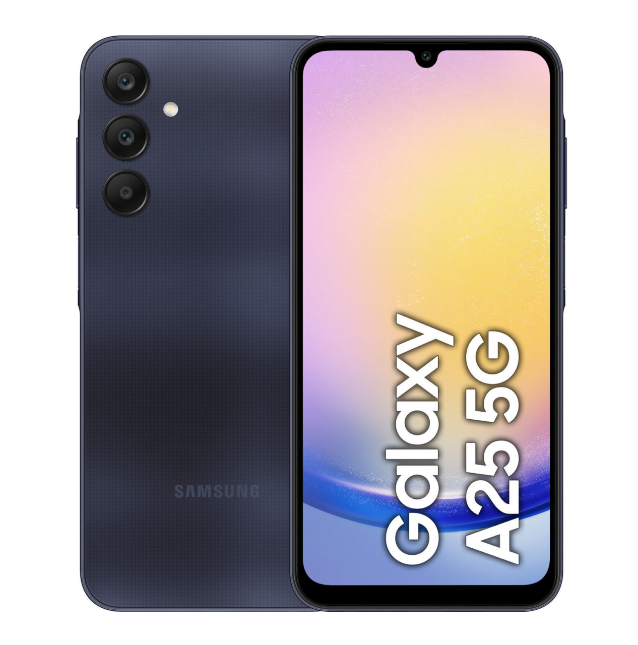 Czarny smartfon Samsung Galaxy A25 5G z potrójnym aparatem umieszczonym pionowo po lewej stronie tyłu obudowy i ekranem wyświetlającym nazwę modelu z gradientowym tłem w odcieniach różu i żółci.