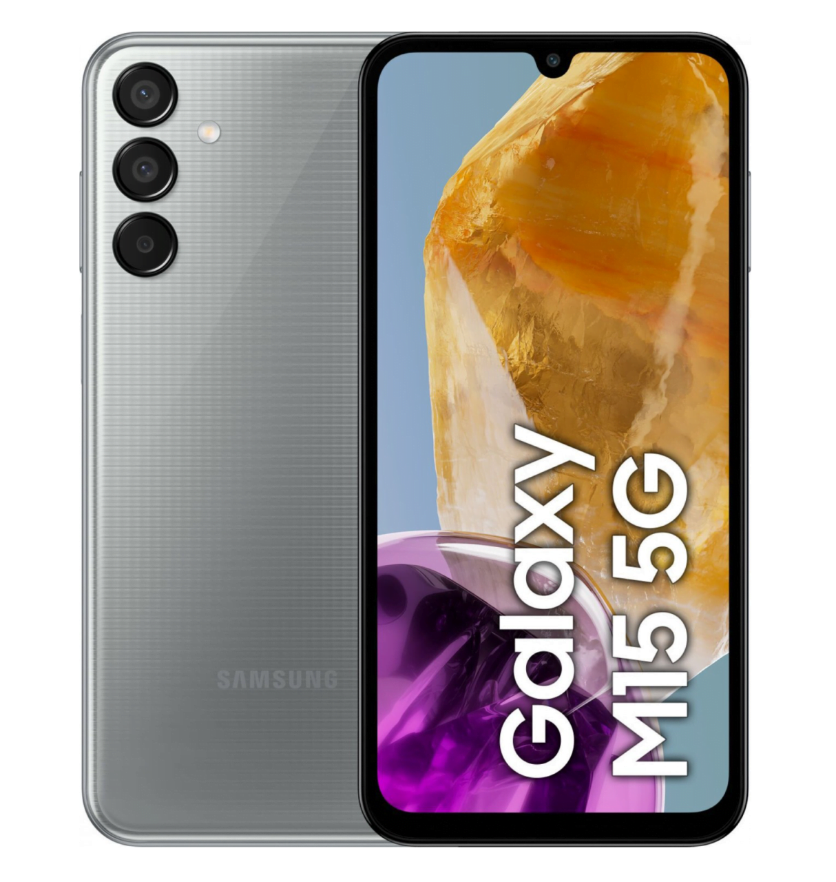 Smartfon Samsung Galaxy M15 5G z potrójnym aparatem, szarym wzorzystym tyłem i ekranem z logo Galaxy M15 5G.