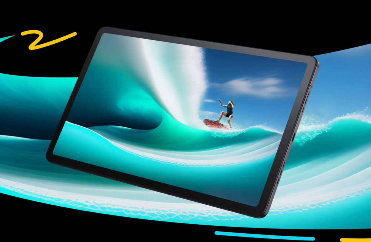 Tablet z wyświetlonym obrazem serfującej osoby na fali, przechodzącym płynnie z ekranu urządzenia w tło ilustracji.