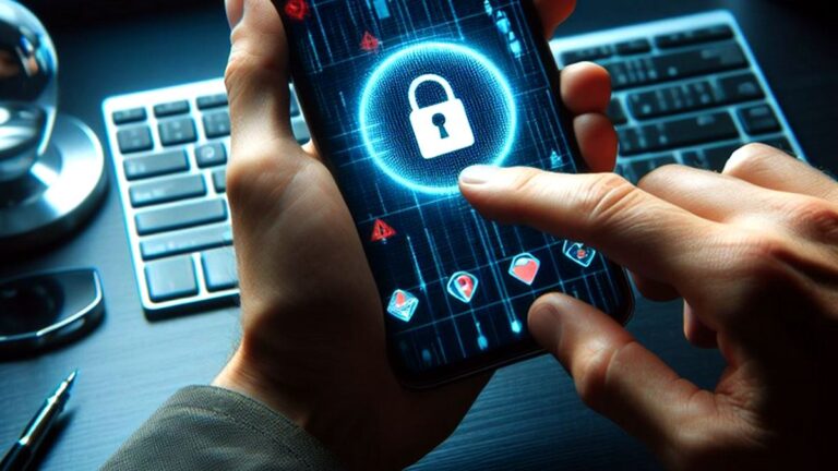 Osoba używa telefonu komórkowego z graficznym przedstawieniem kłódki na ekranie, symbolizującym cyberbezpieczeństwo, z laptopem i innymi przedmiotami biurowymi w tle.