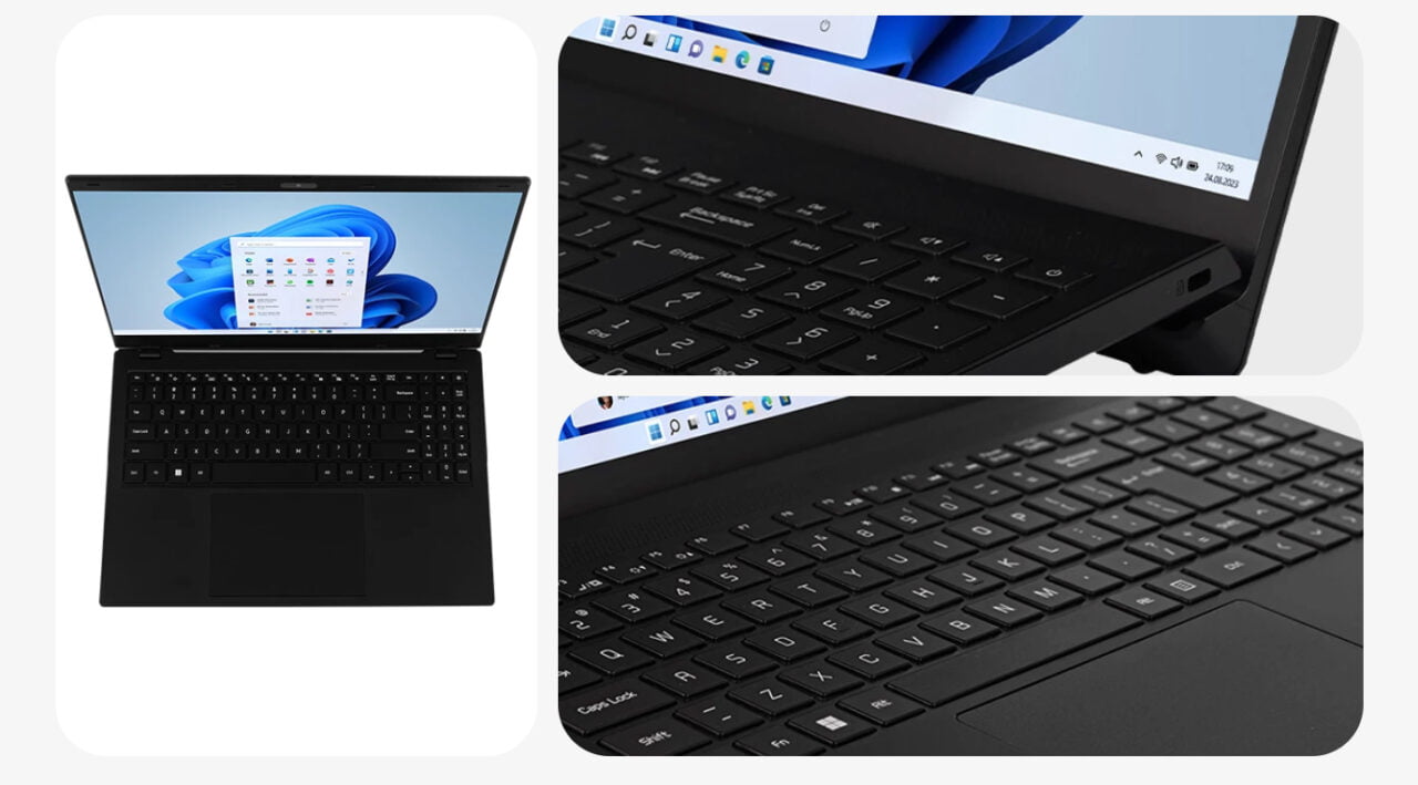 Kompozycja trzech zdjęć laptopa: otwarty laptop z ekranem wyświetlającym pulpit systemu Windows, zbliżenie na klawiaturę i część ekranu oraz narożnik laptopa z portami USB i wskaźnikiem naładowania baterii.