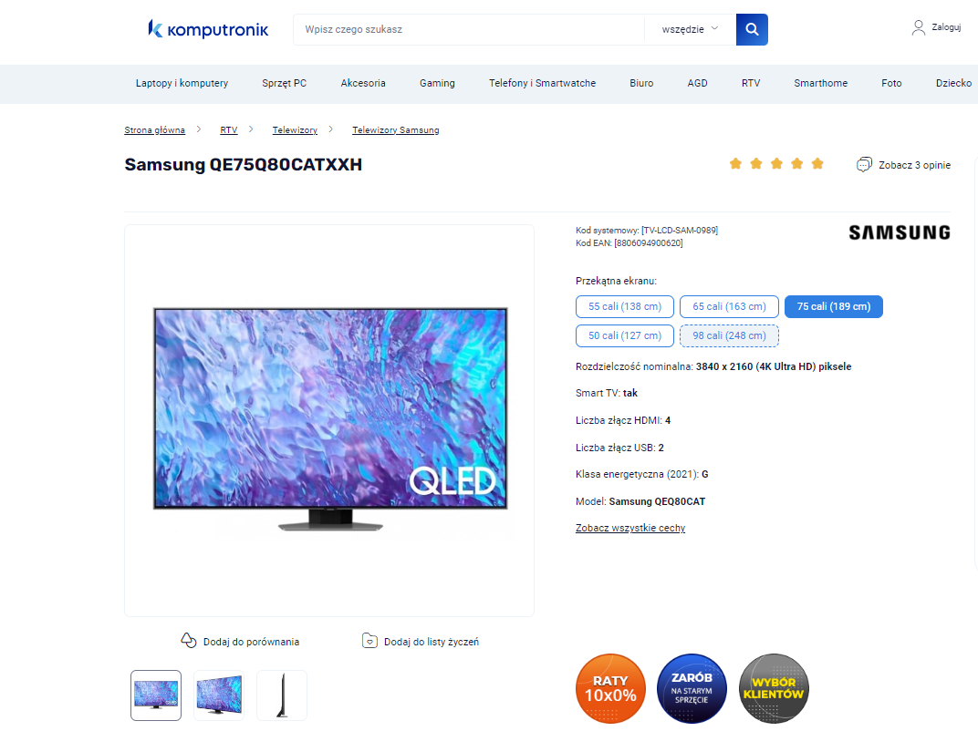 Strona internetowa sklepu Komputronik prezentująca telewizor Samsung 75" QE75Q80CATXXH z charakterystyką techniczną i opcjami dostępnych rozmiarów ekranu.