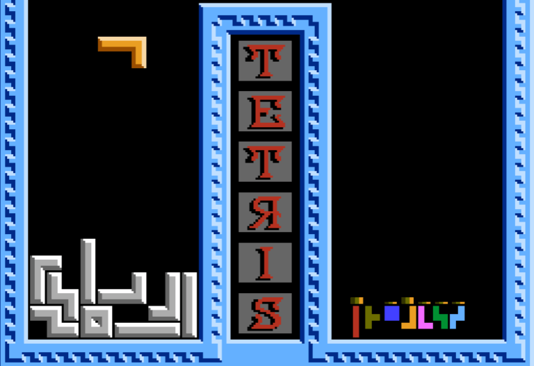 Obrazek w stylu piksel art przedstawiający pionowe rozmieszczenie klocków Tetris z literami formującymi słowo "TETRIS" na ciemnym tle, obramowanie w niebiesko-białą falbankę. Następca Tetrisa na Pegasus