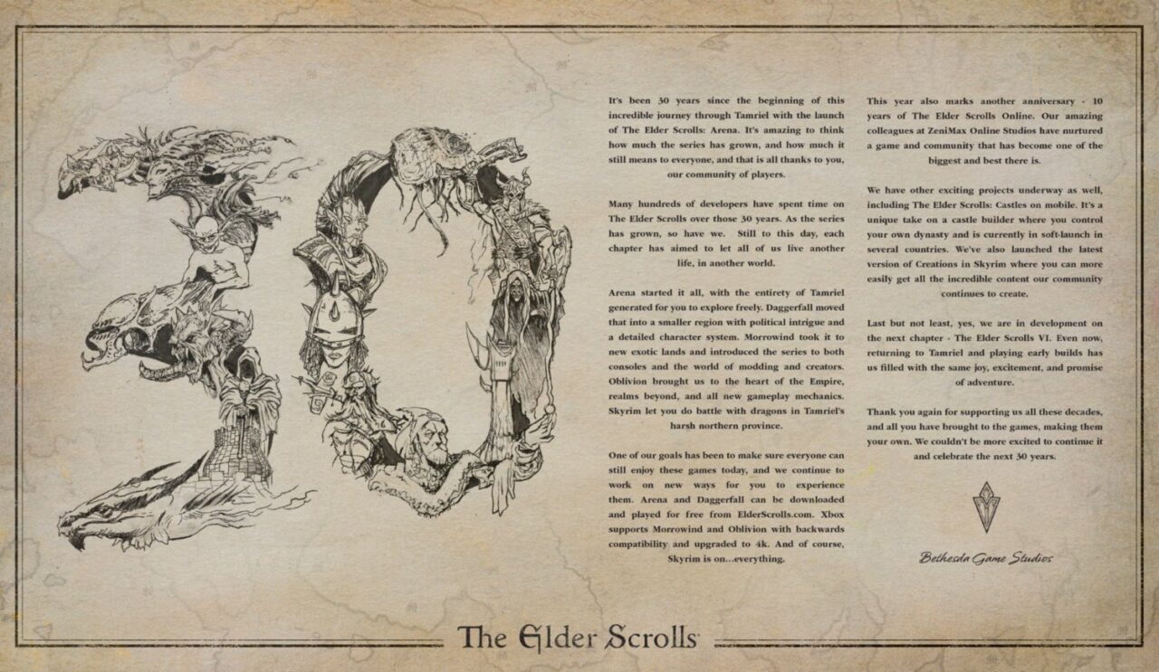 Zdjęcie przedstawia tekst oraz rysunki inspirowane grą The Elder Scrolls. Po lewej stronie ilustracje fantastycznych postaci i stworów, w tym smoki i bohaterowie w średniowiecznych strojach. Po prawej stronie znajduje się tekst z przesłaniem, który świątkuje 30-lecie serii The Elder Scrolls i wskazuje na rocznicę 10 lat gry online Elder Scrolls, jak również informacje o bieżących i przyszłych projektach Bethesda Game Studios. Na dole widoczny jest tytuł "The Elder Scrolls" oraz logo Bethesda Game Studios.