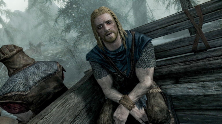 Grafika przedstawia wirtualnego mężczyznę o jasnych, długich włosach i brodzie, siedzącego na drewnianym wozie. Postać jest ubrana w niebieską tunikę i kolczugę. W tle mgliście widoczni są jeźdźcy na końskim grzbiecie, otoczeni przez drzewa w mrocznym lesie. Screen z The Elder Scrolls V, gry poprzedzającej The Elder Scroll VI