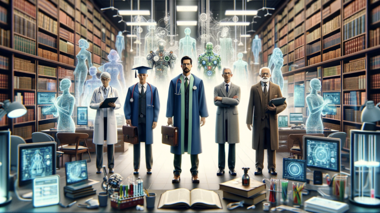 Obraz przedstawiający stylizowaną bibliotekę z postaciami ludzkimi i holograficznymi naukowcami rozmieszczonymi między tradycyjnymi i cyfrowymi źródłami informacji, co sugeruje połączenie tradycji i nowoczesności w nauce i edukacji.