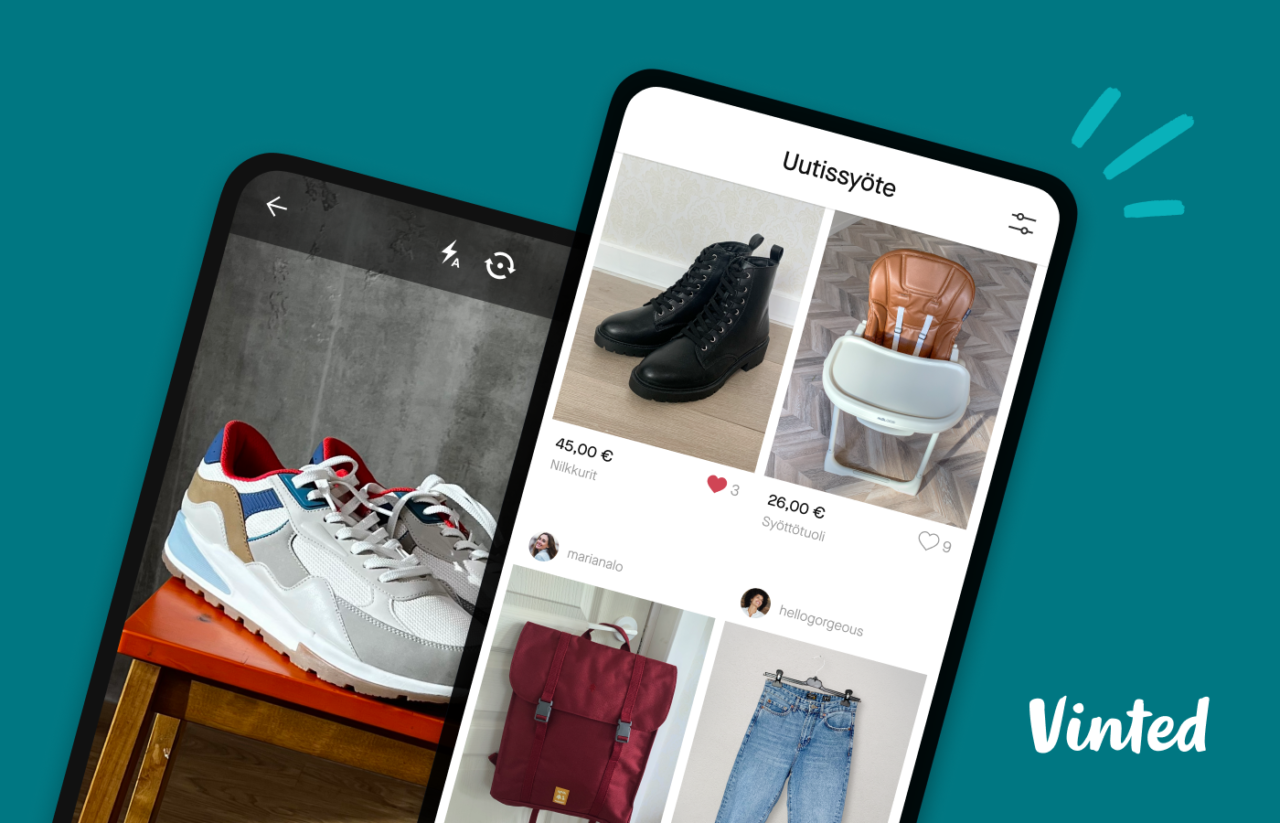 Zrzut ekranu aplikacji Vinted pokazujący interfejs użytkownika i różne przedmioty na sprzedaż, w tym buty sportowe, czarne botki, krzesełko do karmienia i ubrania. Podatek za Vinted jest nieunikniony.