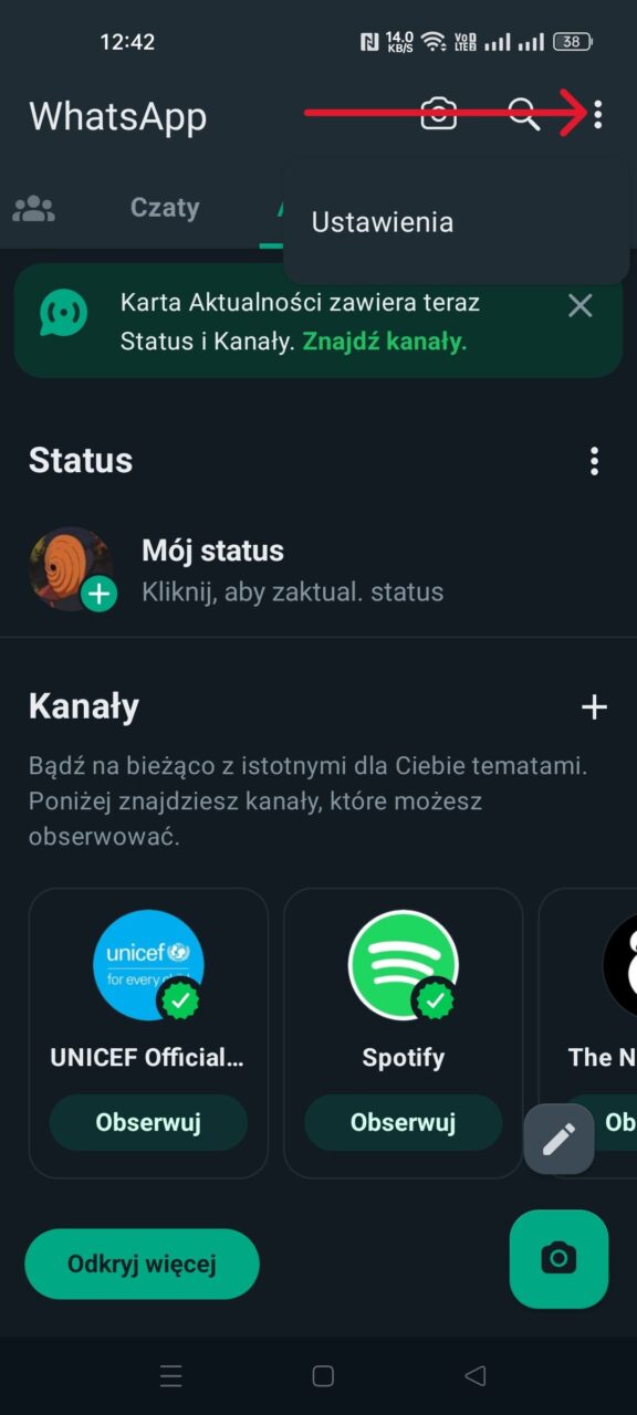 Zrzut ekranu z aplikacji WhatsApp pokazujący kartę statusu z opcjami dodania własnego statusu oraz obserwowania oficjalnych kanałów, takich jak UNICEF i Spotify.