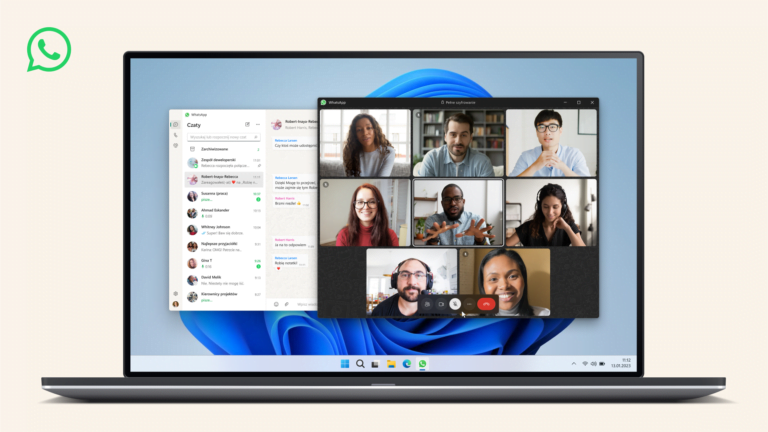 Wyświetlacz laptopa z otwartą aplikacją WhatsApp Web przedstawiającą wideo rozmowę grupową z sześcioma uczestnikami.
