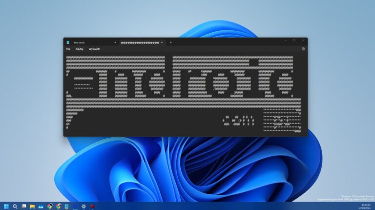 Zrzut ekranu pokazujący okno terminala Notatnik z tekstem ASCII na tle tapety systemu Windows 11.