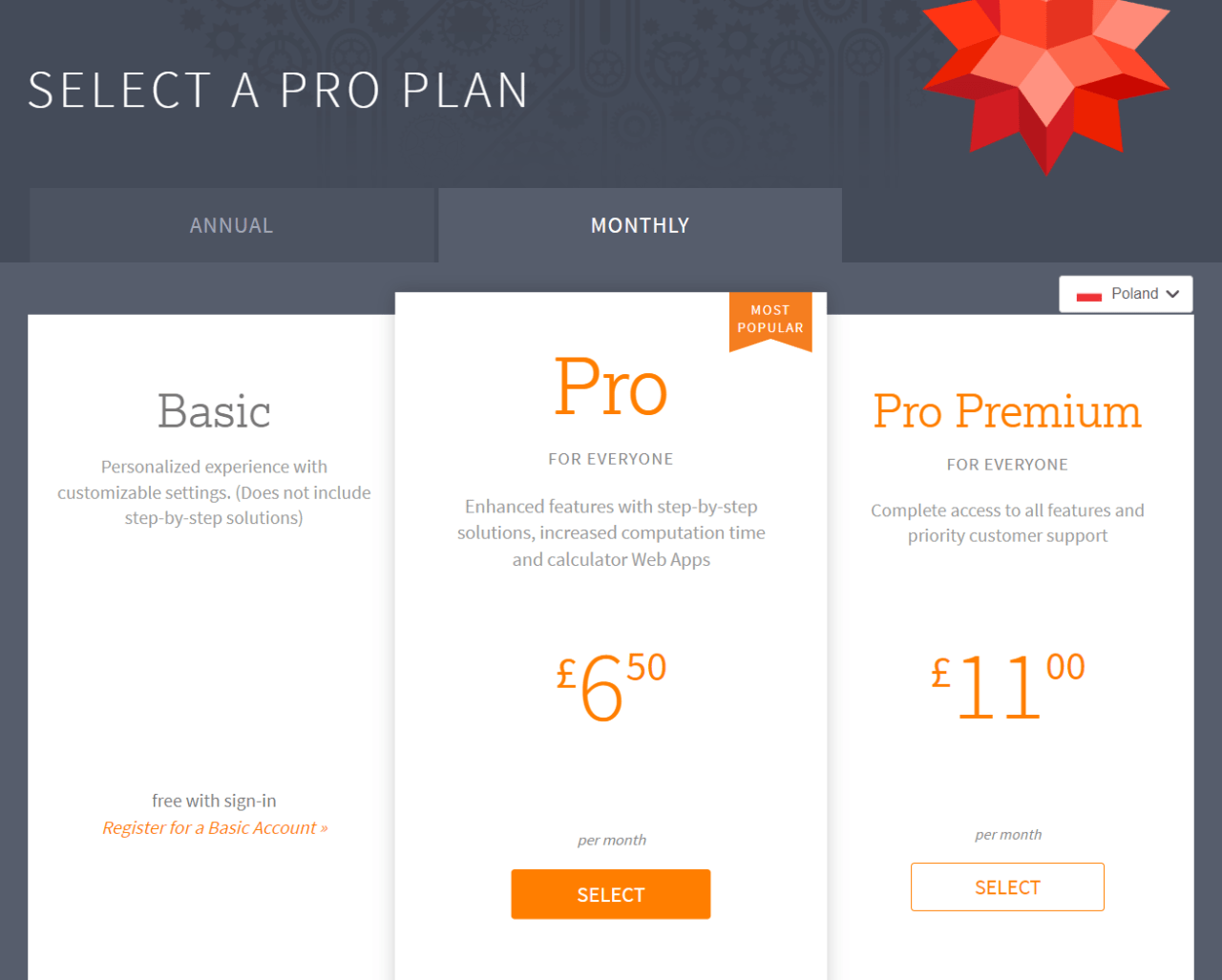 Ekran wyboru planów subskrypcji z trzema opcjami: Basic, Pro i Pro Premium. Plan Pro z ceną £6,50 miesięcznie jest wyróżniony jako "NAJBARDZIEJ POPULARNY".