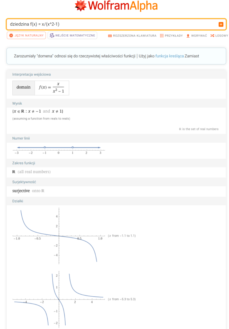 Zrzut ekranu z serwisu Wolfram Alpha przedstawiający analizę funkcji matematycznej f(x) = x/(x^2-1), w tym dziedzinę, założenia, interpretację wyjściową, wykres funkcji oraz informacje o surjektywności funkcji.