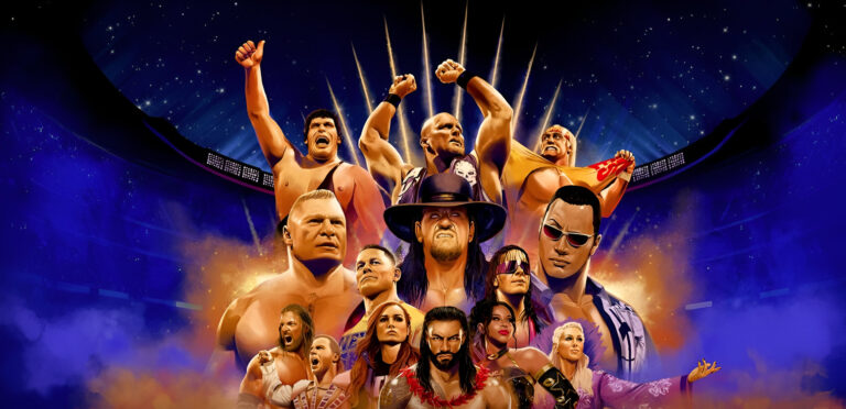 Grafika przedstawiająca ilustracje słynnych wrestlerów na tle niebieskiego, gwiaździstego nieba z efektami promieni świetlnych. Recenzja WWE 2K24 bez tej grafiki nie istnieje