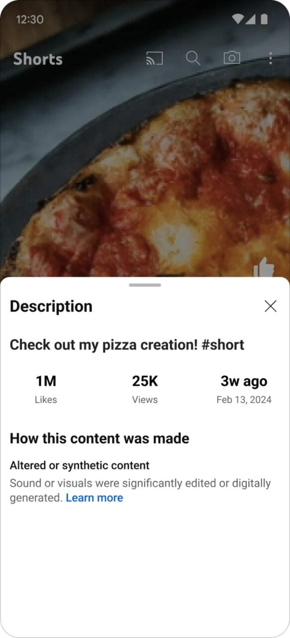 Zrzut ekranu z aplikacji z krótkimi filmami przedstawiający zbliżenie na pizzę, z opisem "Check out my pizza creation! #short", 1M polubień, 25K wyświetleń, "3w ago Feb 13, 2024". Poniżej ostrzeżenie o zmodyfikowanych lub syntetycznych treściach.