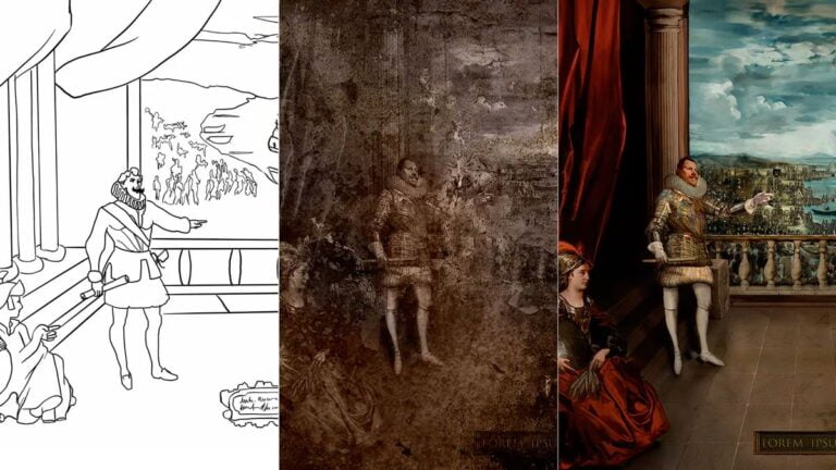 Triptyk zawierający trzy kolażowe obrazy stylizowane na historyczne: po lewej czarno-biała ilustracja mężczyzny w renesansowym stroju, pośrodku postać w zbroi z efektem przetarcia, po prawej barwna scena z mężczyzną w renesansowym ubiorze gestykulującym w stronę pejzażu miejskiego.