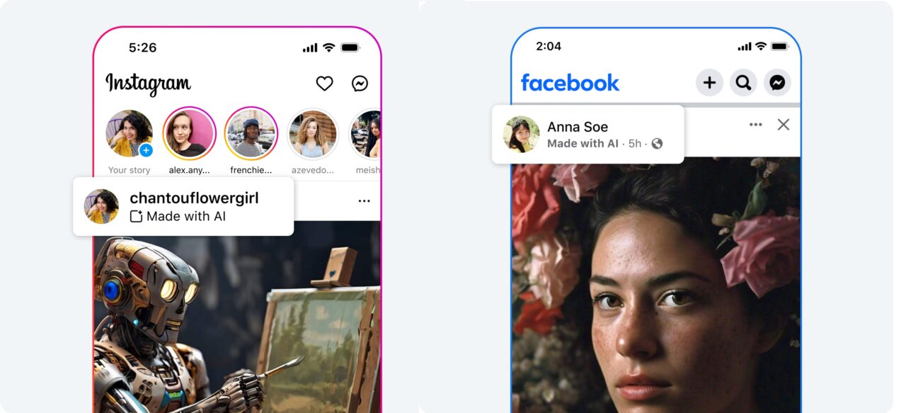 Zrzut ekranu interfejsu użytkownika Instagrama i Facebooka z wpisami oznaczonymi "Stworzone z AI", na Instagramie wyświetla się post z robotem malującym obraz, a na Facebooku post z portretem kobiety z kwiatami we włosach.
