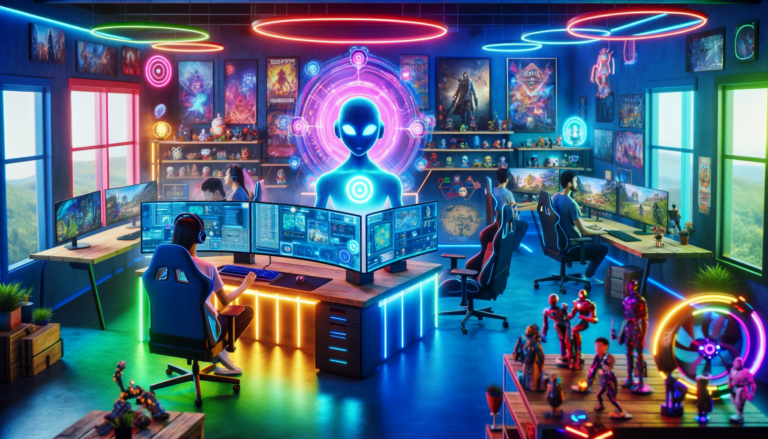 Nowoczesne studio gamingowe z wieloma monitorami, neonowym oświetleniem i postaciami z gier na półkach, z młodymi ludźmi grającymi w gry.